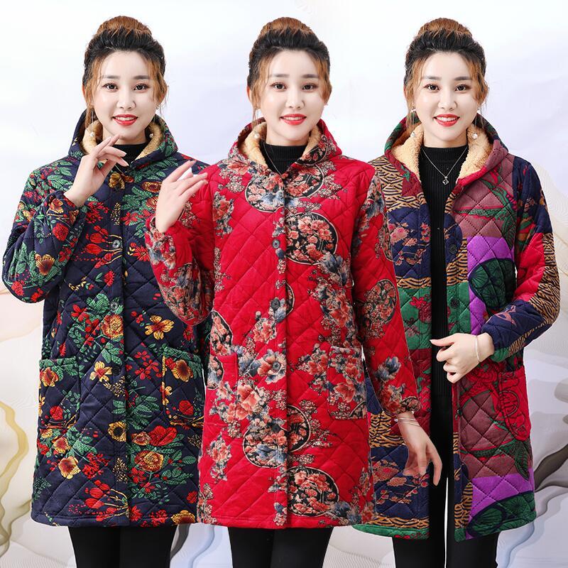 四川省服冬季时尚宽松加绒加厚罩衣中长版妈妈装女士外套棉服罩衣