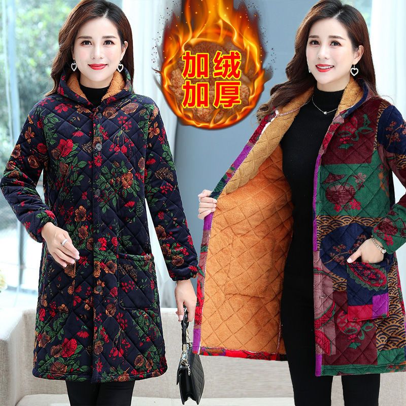 四川省服妈妈冬装棉衣加绒加厚中长款时尚加棉大衣外套中老年棉服