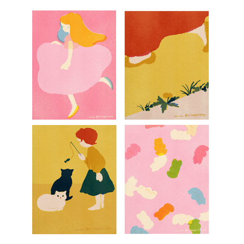 奶油风软萌可爱高清艺术海报儿童房未装裱装饰画法式治愈挂画画芯