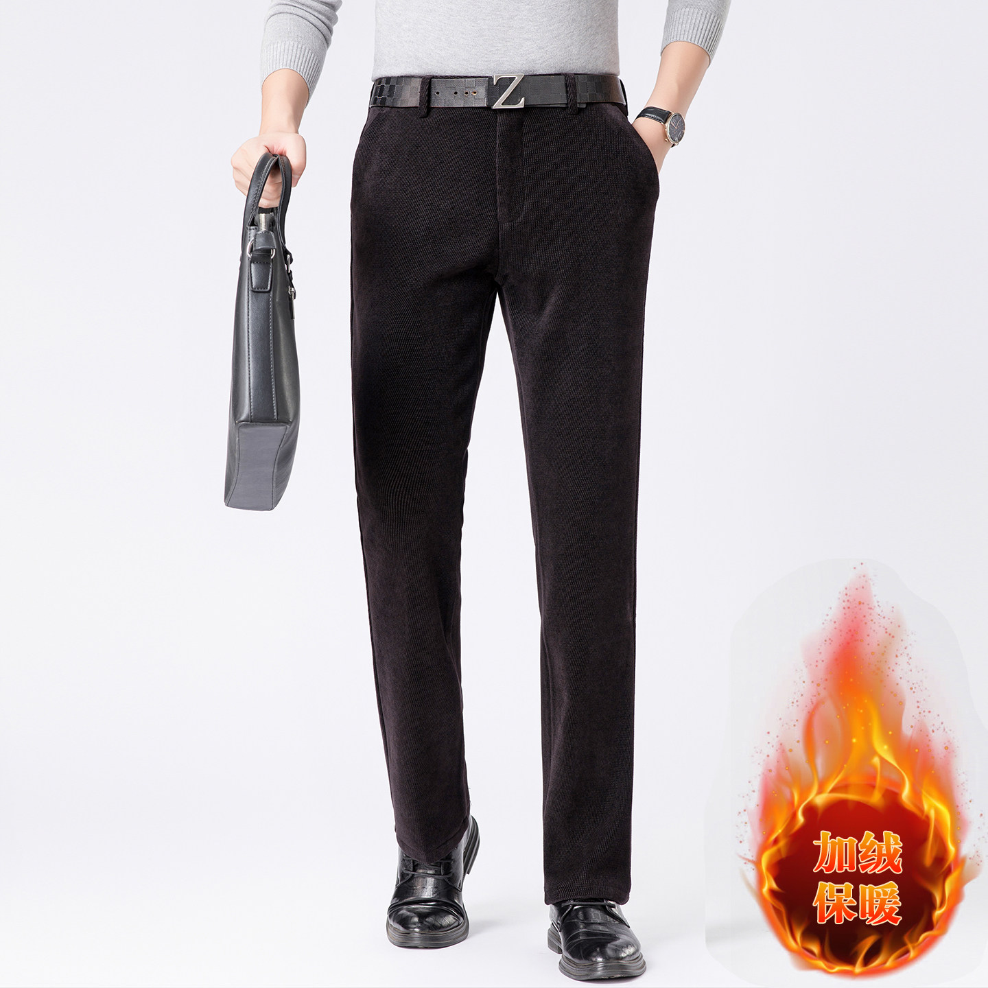 Boss冬季加绒休闲裤男轻奢商务灯芯绒裤中年爸爸装细条纹保暖男裤