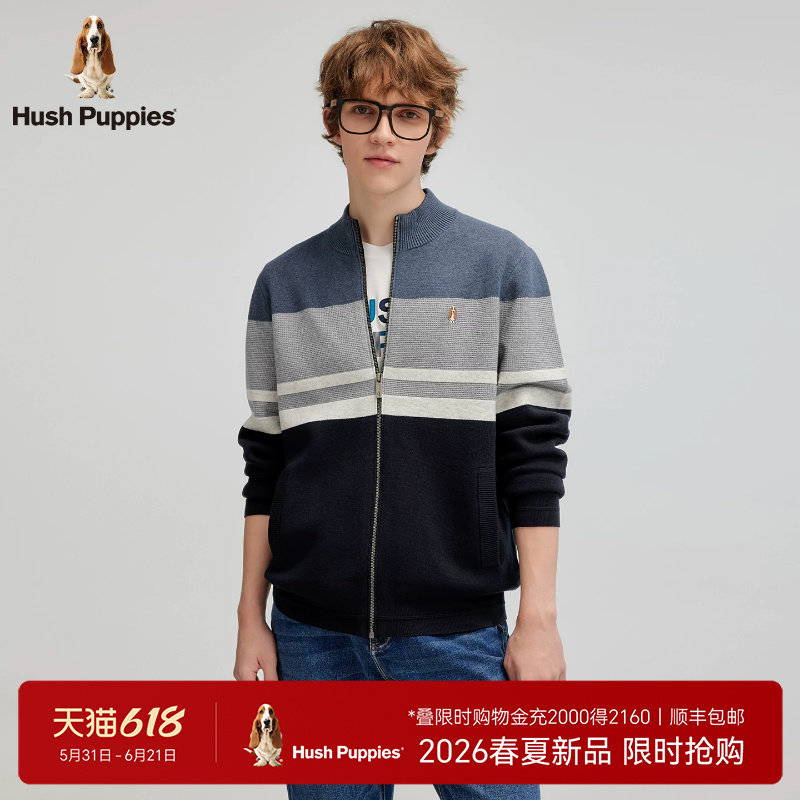 【含绵羊毛】暇步士春季保暖针织开衫休闲立领时尚拼色针织开衫男
