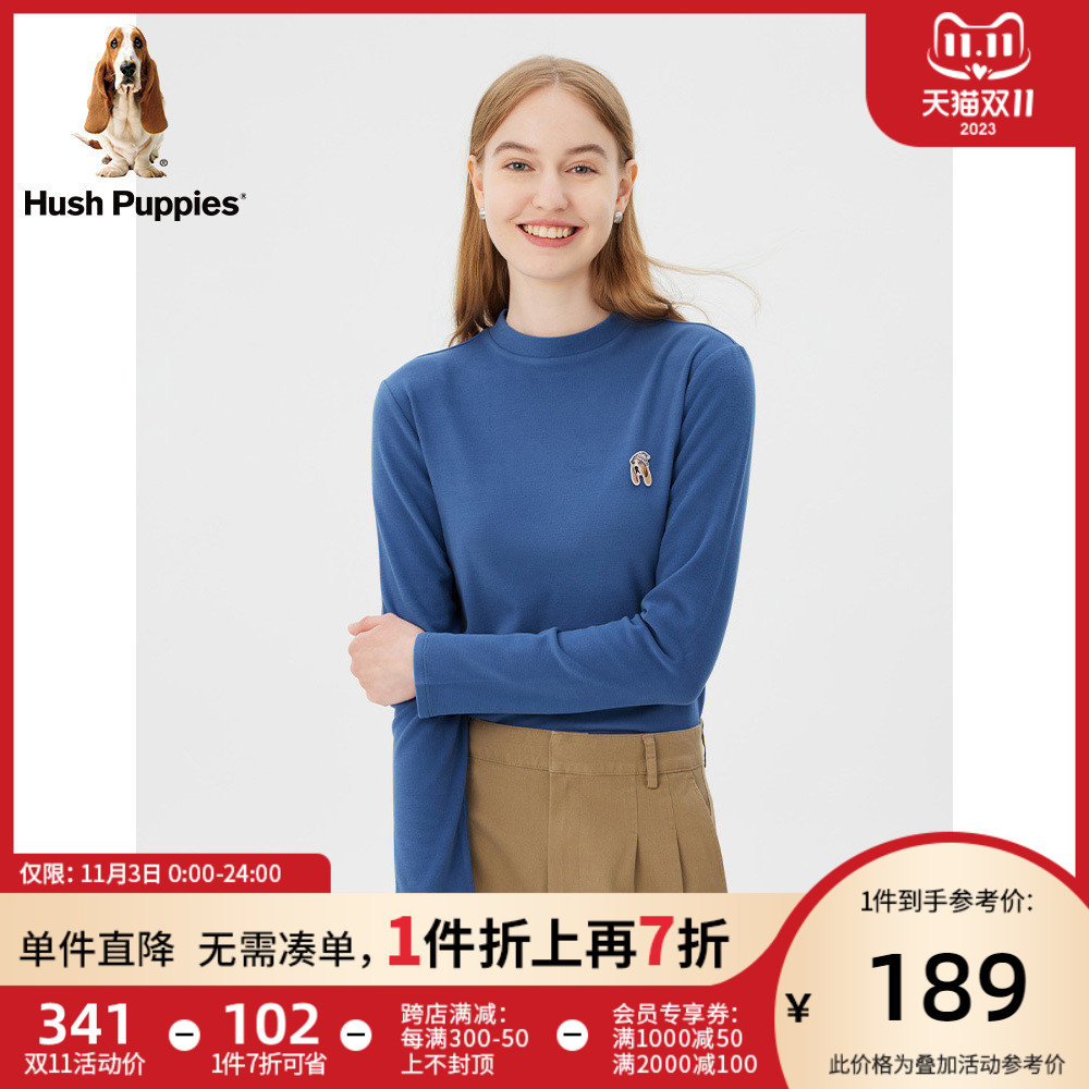 Hush Puppies暇步士女装2023秋季基础款多色百搭抓绒立领打底T恤