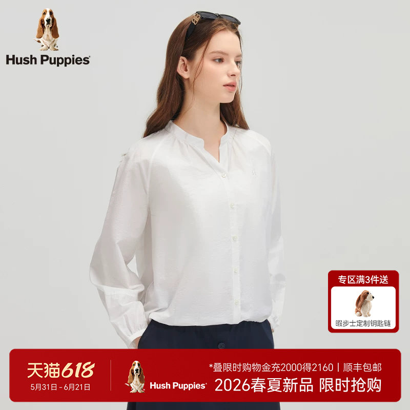 【轻盈透气】暇步士女装2026春季气质休闲插肩袖V领衬衫抽绳上衣