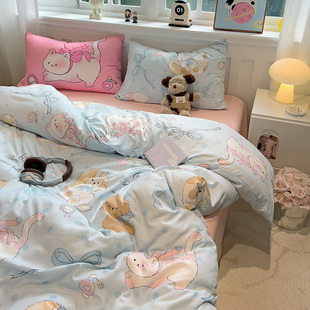卡通小猫被套单件床单床上用品四件套被罩单人学生儿童宿舍三件套