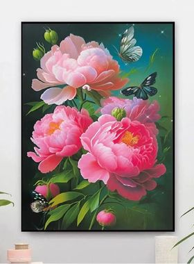 红色牡丹十字绣2025新款线绣客厅小幅竖版玄关小件餐厅牡丹花满绣