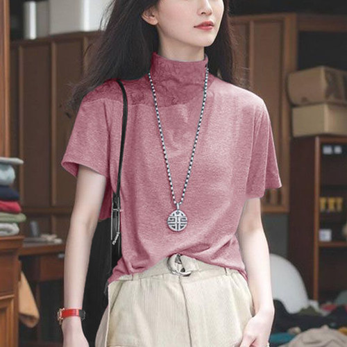蕾丝拼接半高领短袖t恤女夏新