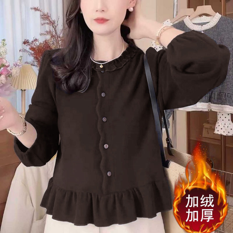 木耳边女士时尚打底衬衫女2026秋冬新款洋气休闲百搭长袖套头上衣