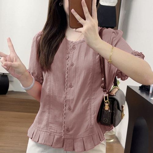 法式荷叶边短袖圆领设计感衬衫