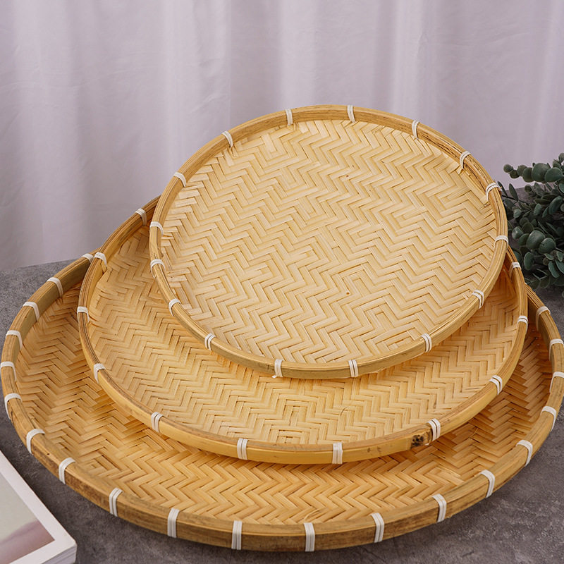 农家用竹编制品干果晾晒盘酒店餐馆干货簸箕平面无孔水果篮馒头筐