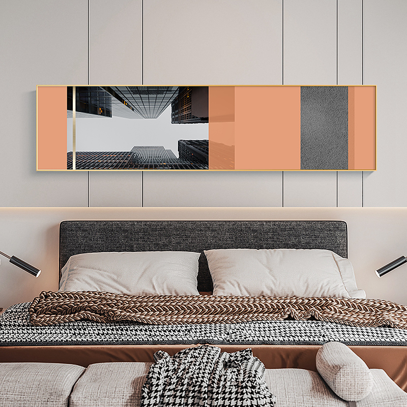 现代简约晶瓷卧室床头装饰画横幅轻奢建筑背景墙壁画橙色客厅挂画图片