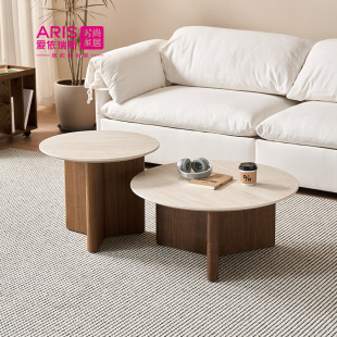 爱依瑞斯侘寂风实木洞石茶几圆形组合设计师款 轻奢极简客厅咖啡桌