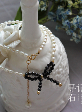 短款天然淡水珍珠锁骨项链尖晶石蝴蝶结可调节颈链choker复古轻奢