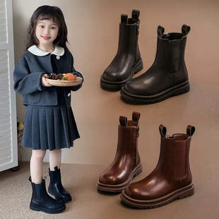 女童真皮短靴新款秋冬儿童马丁靴中大童英伦烟筒靴软底女孩公主靴