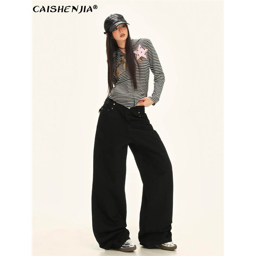 黑色阔腿牛仔裤女2025秋季新款设计感铆钉高腰宽松显瘦垂感直筒裤