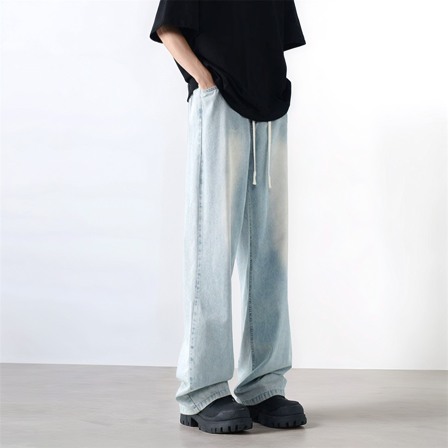 美式高街莱赛尔天丝牛仔裤男夏季薄款冰丝宽松直筒裤G8046-P58,男装牛仔裤,星座814-1（原电商B253-1）