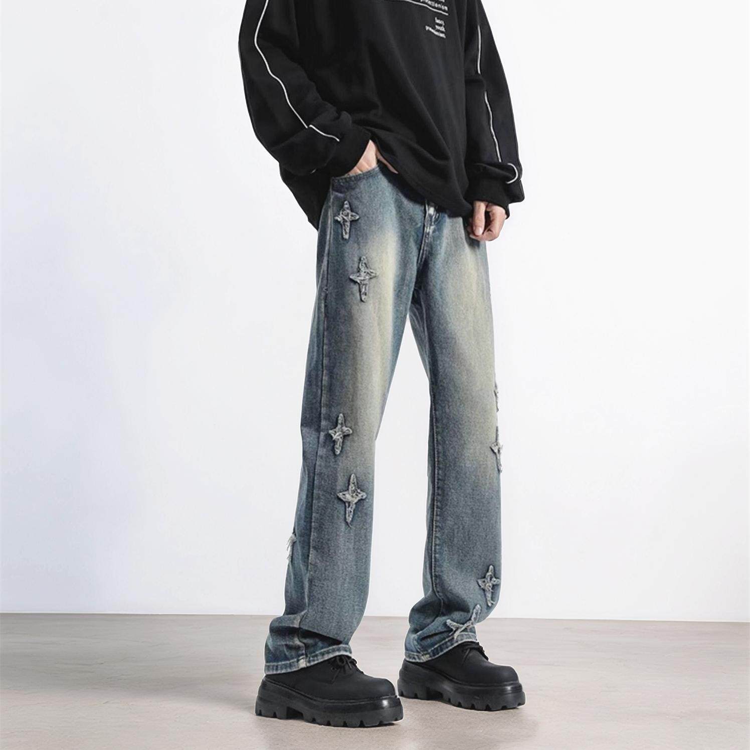 美式复古vibe裤子男女高街做旧十字架绣花直筒牛仔裤G1218-P58图片