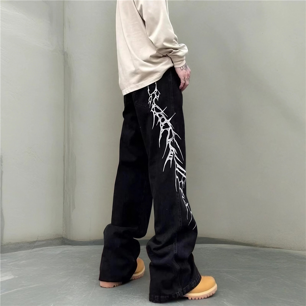 美式复古刺绣重工黑色牛仔裤男女宽松垂感微喇阔腿裤G5099-P55,男装牛仔裤,星座814-1（原电商B253-1）