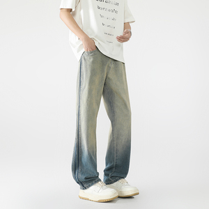 2025夏季美式复古黄泥渐变直筒牛仔裤男女宽松阔腿长裤G6025-P58图片