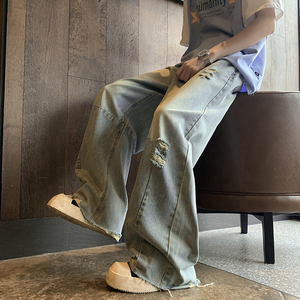 2025春夏美式高街水洗破洞弯刀牛仔裤男女宽松直筒长裤G9571-P65图片