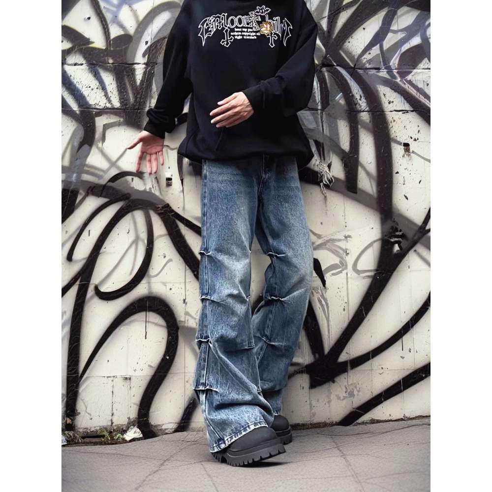 高街复古褶皱牛仔裤男女宽松百搭微喇cleanfit情侣长裤G5815-P58,男装牛仔裤,星座814-1（原电商B253-1）