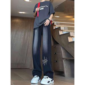 美式刺绣牛仔裤男女高街vibe痞帅直筒微喇长裤G8072-P55图片
