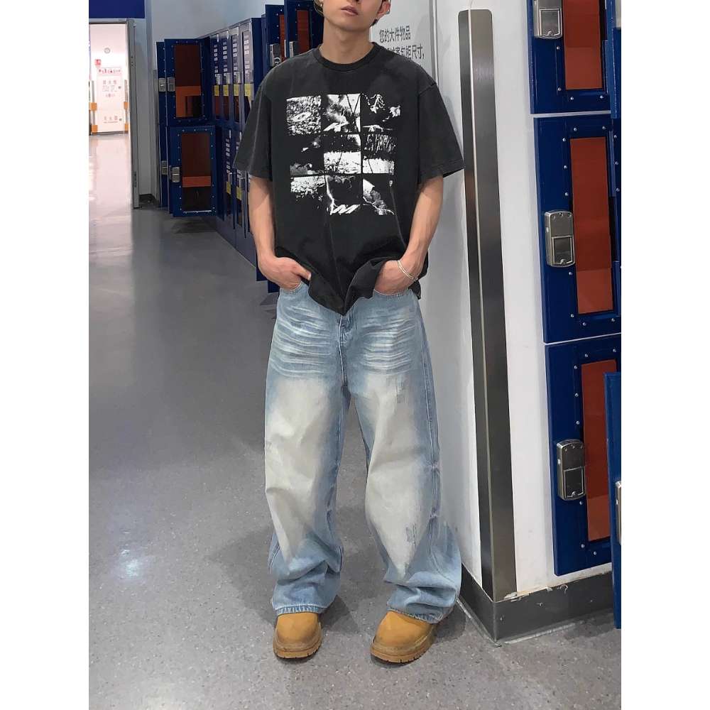 高级感水洗做旧牛仔裤男女cleanfit直筒宽松阔腿裤G1111-P58，男装牛仔裤，星座814-1（原电商B253-1）