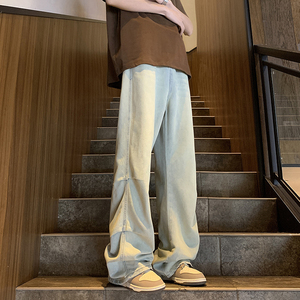 美式高街垂感牛仔裤男水洗浅蓝色宽松直筒腿长裤G9566-P65图片