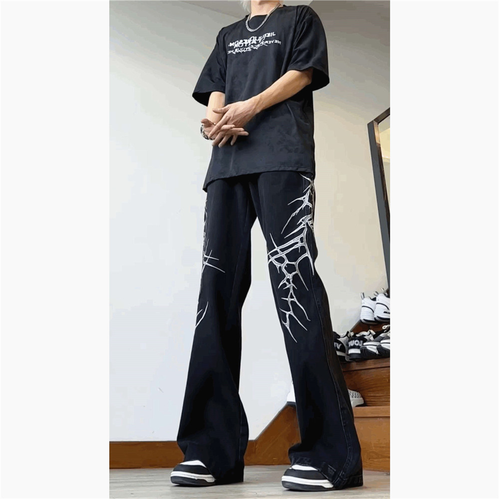 美式复古刺绣重工黑色牛仔裤男宽松垂感微喇阔腿裤G5099-P55图片