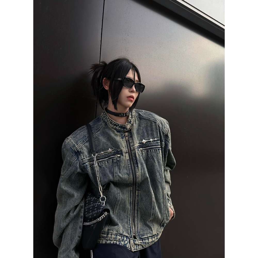 韩版复古金属设计做旧短款夹克男女高级感痞帅牛仔外套TY1820-P88,男装工装外套,星座814-1（原电商B253-1）
