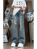 美式复古水洗破洞牛仔裤男女夏季薄款痞帅宽松微喇叭裤G3922-P55，男装牛仔裤，星座814-1（原电商B253-1）