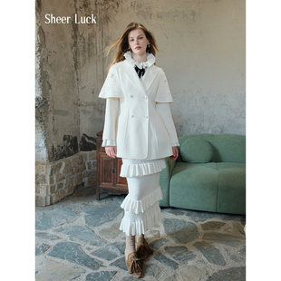 Sheer Mira设计感复古珍珠斗篷羊毛毛呢大衣外套女 Luck