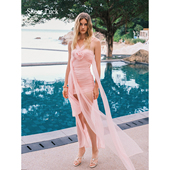 Sheer Luck Rosa度假风连帽设计雪纺印花挂脖露背不规则连衣裙