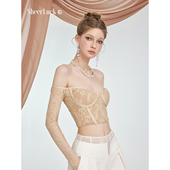 Luck Camila 蕾丝烫钻鱼骨抹胸夏季 Sheer 收腰显瘦一字肩长袖 上衣