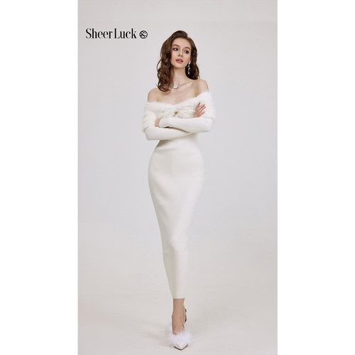 Nonna一字肩仿貂修身针织长裙