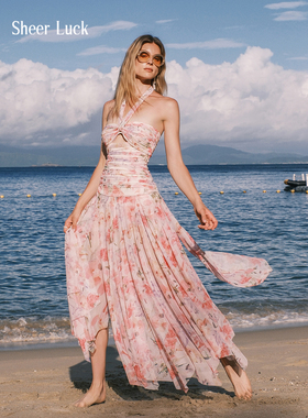 Sheer Luck Evelyn碎花飘带挂脖镂空设计抹胸度假风连衣裙长裙