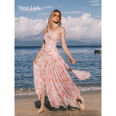 碎花飘带挂脖抹胸度假风长裙