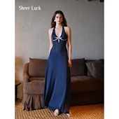 V领镂空挂脖长款 连衣裙 Luck Tasman法式 梁洁张艺凡同款 Sheer