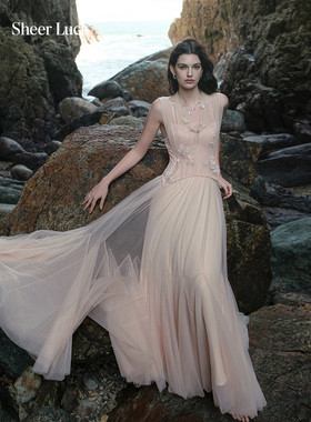 Sheer Luck Tidal 重磅蕾丝鱼骨挂脖吊带大摆裙网纱连衣裙伞裙