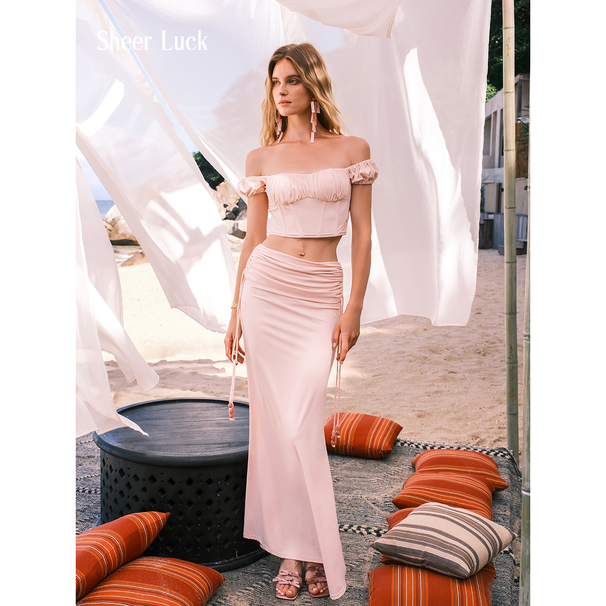 一字肩鱼尾半裙度假风套装