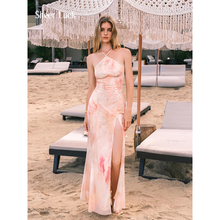 罩衫 Alina蝴蝶袖 网纱挂脖露背高开叉印花连衣裙长裙 Luck Sheer