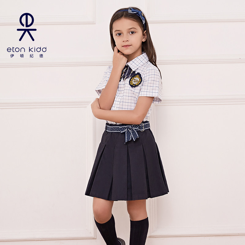 伊顿纪德校服女童蓝白格短袖衬衫中小学儿童学院风衬衣夏款09C227