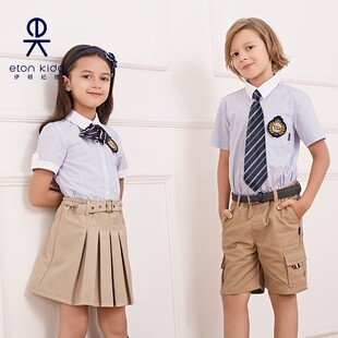 伊顿纪德校服浅蓝色条纹衬衣男童女童学院短袖衬衫夏季款10C220