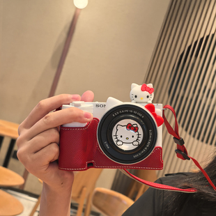 索尼ZVE10M2二代保护套红色斜跨肩带相机包适用ZVE10底座可爱皮套