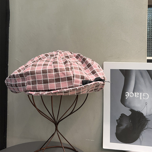 日系格子贝雷帽女春秋款 韩系甜美蝴蝶结y2k帽子文艺学院风画家帽