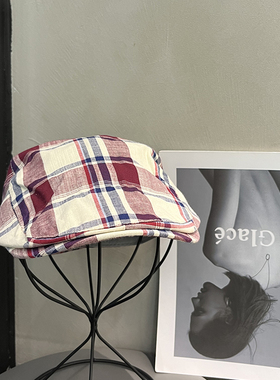 日系红色格子贝雷帽女生大头围复古前进帽韩版文艺显脸小画家帽子