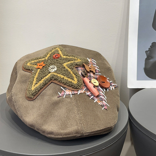 复古灯芯绒星星贴布前进帽女秋冬保暖时髦百搭显脸小贝雷报童帽子