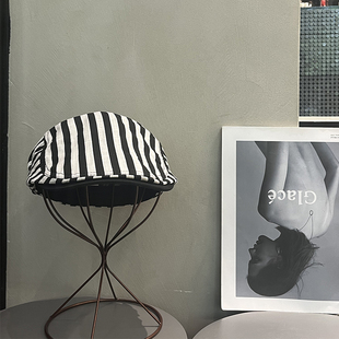 简约复古条纹前进帽子女可调节大头围日系百搭贝雷帽韩版 鸭嘴帽潮