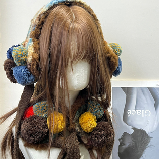 日系复古手工毛绒球耳罩头套女新款 秋冬保暖防寒可爱护耳防风围脖