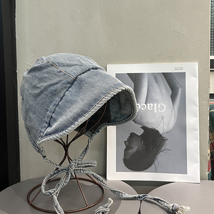 日系小众做旧牛仔渔夫帽女百搭潮抽绳防风遮阳帽子可爱拍照显脸小