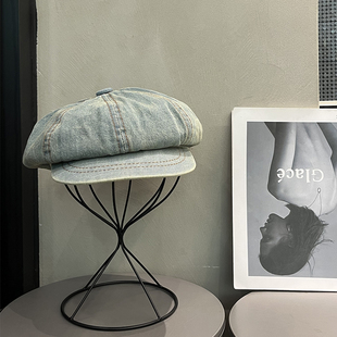 日系复古水洗牛仔贝雷帽女春秋百搭显脸小报童帽子文艺温柔南瓜帽